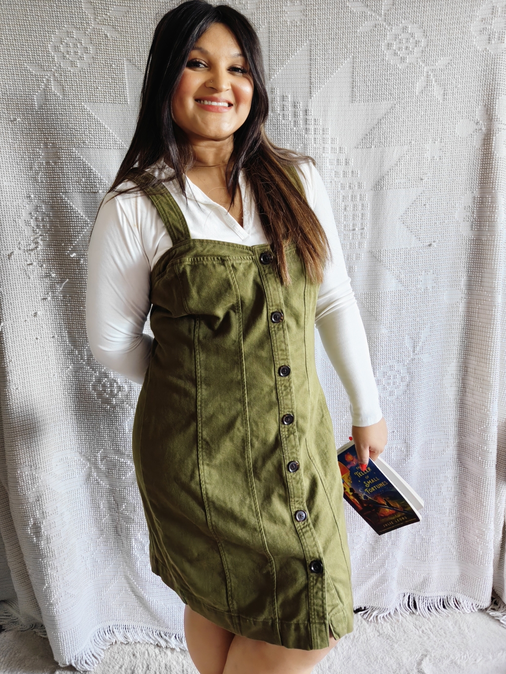 Banana Republic | Olive Green Pinafore Jumper Mini Dress | Size 14 | Corduroy